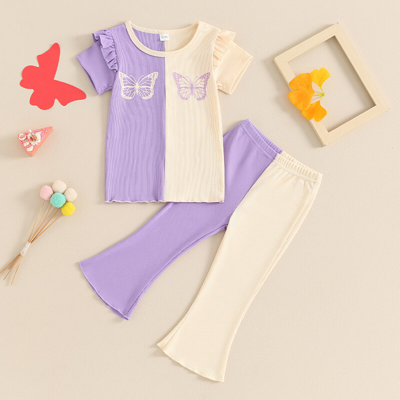 Suefunskry Kinder Mädchen Hosen Set, Kontrast farbe Kurzarm Schmetterling Print T-Shirt mit ausgestellten Hosen Sommer Outfit
