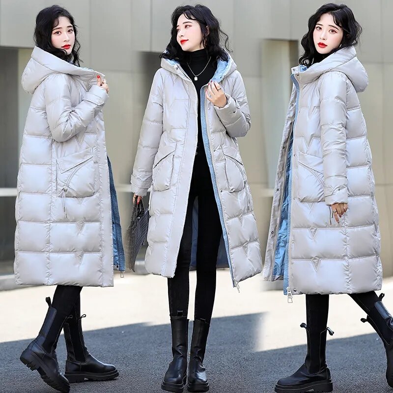 Длинное пуховое пальто из хлопка, женская зимняя куртка, новинка 2023, парка с капюшоном, универсальная женская верхняя одежда выше колена, плотное Теплое повседневное пальто