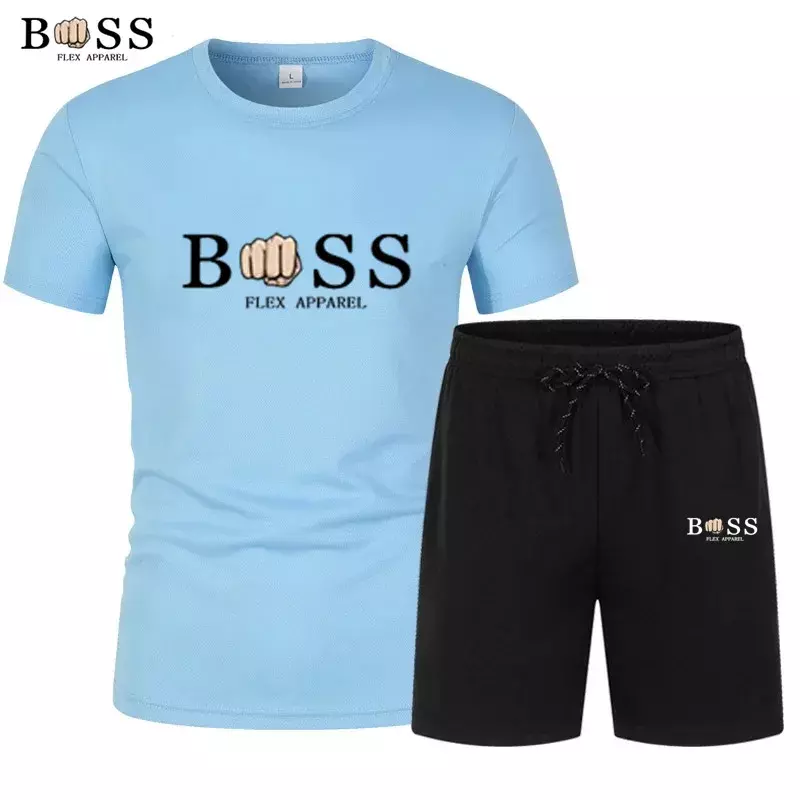 Летний мужской комплект из футболки и шортов, мужской спортивный комплект с принтом, модный топ с коротким рукавом для отдыха, хлопковая футболка, мужской комплект для бега