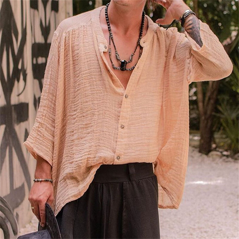 2024 New Summer Men Cotton Linen Shirts Long Sleeve Loose Beach Tops Casual Holiday Shirt Men's Clothing Solid Color Streetwear