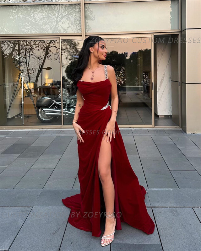 Burgundy Red Evening Dresses Gown A Line Shiny Beads Strapless Sleeveless Formal Event Dress Custom Women Prom Party Gowns