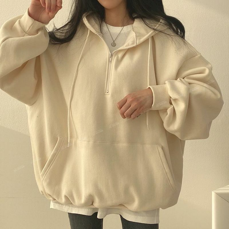 Sudadera con capucha de moda coreana para mujer, suéter informal de gran tamaño con cremallera, Color sólido, 2023