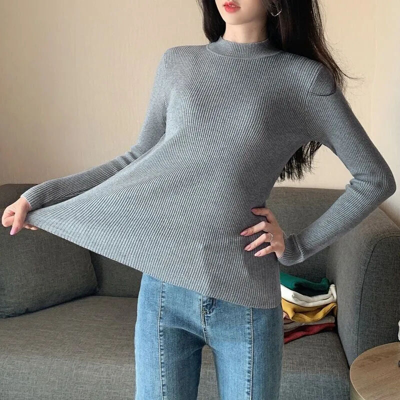 Sweater rajut Harajuku lengan panjang untuk wanita, Sweater dasar kasual sederhana elastis ramping Harajuku lengan panjang leher palsu musim gugur gaya Korea