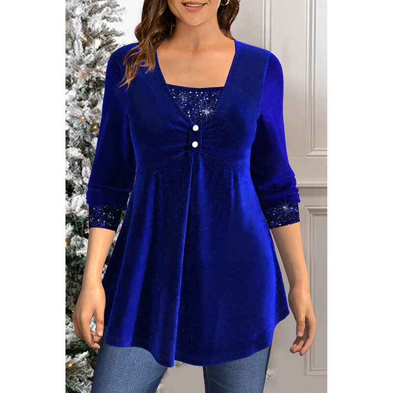 Vestido solto plus size com botão de lantejoula, túnica plissada, camisa de manga comprida azul royal, top de brilho natalino, camisa 2 em 1