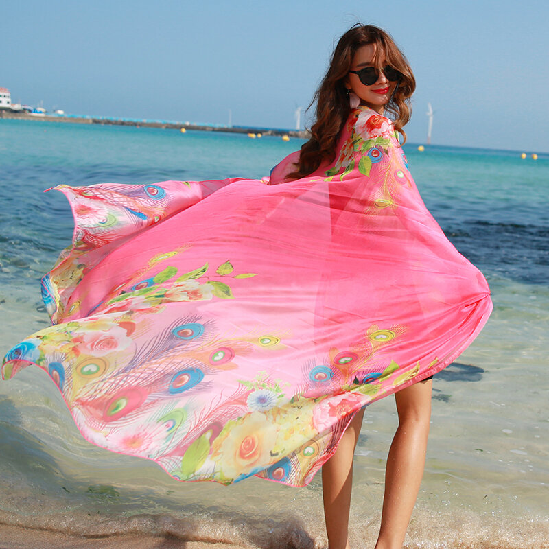 Aksesori Fashion wanita syal sutra selendang sifon handuk pantai sarung bungkus panjang musim panas menutupi motif bunga 160x50cm