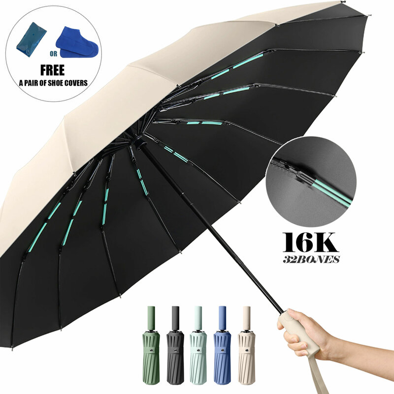 Guarda-chuva dobrável automático à prova de vento, ossos duplos, forte, UV, chuva, negócios, homens, mulheres, luxo, sol, chuva, 16K