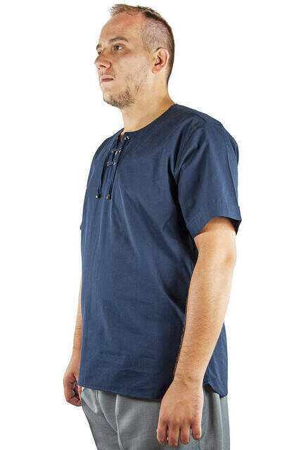 IQRAH-Camisa de manga corta de lino, cuello de bicicleta, corte informal, azul marino