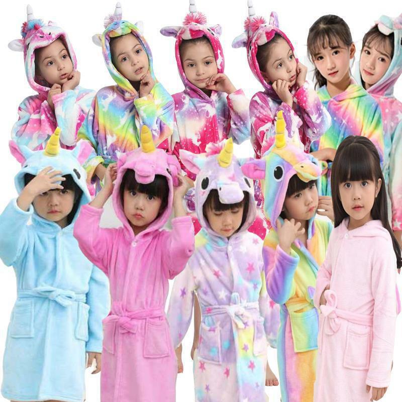 Toddler Girl Bathrobe Kids Soft Warm Rainbow Horse Flannel Pajamas Children Towel Robes Homewear Cartoon Zoon Short bathrobe