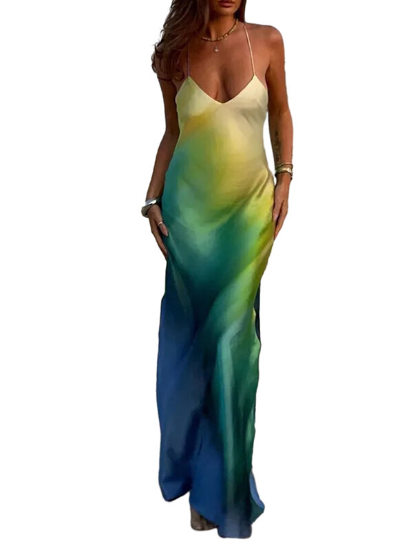 فستان نسائي طويل بوهو بدون أكمام مطبوع عليه زهور ورقبة على شكل v بدون ظهر لحفلات الشاطئ