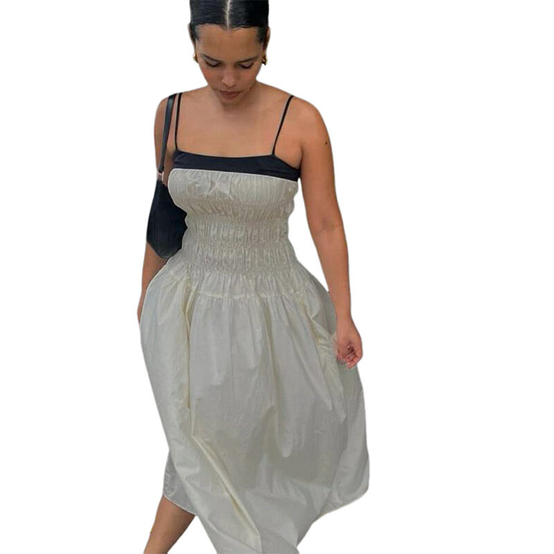 Gaun Prom hitam putih wanita jubah rok gaun pesta panjang pergelangan kaki liburan elegan panjang musim panas tali seksi tanpa lengan stok tersedia