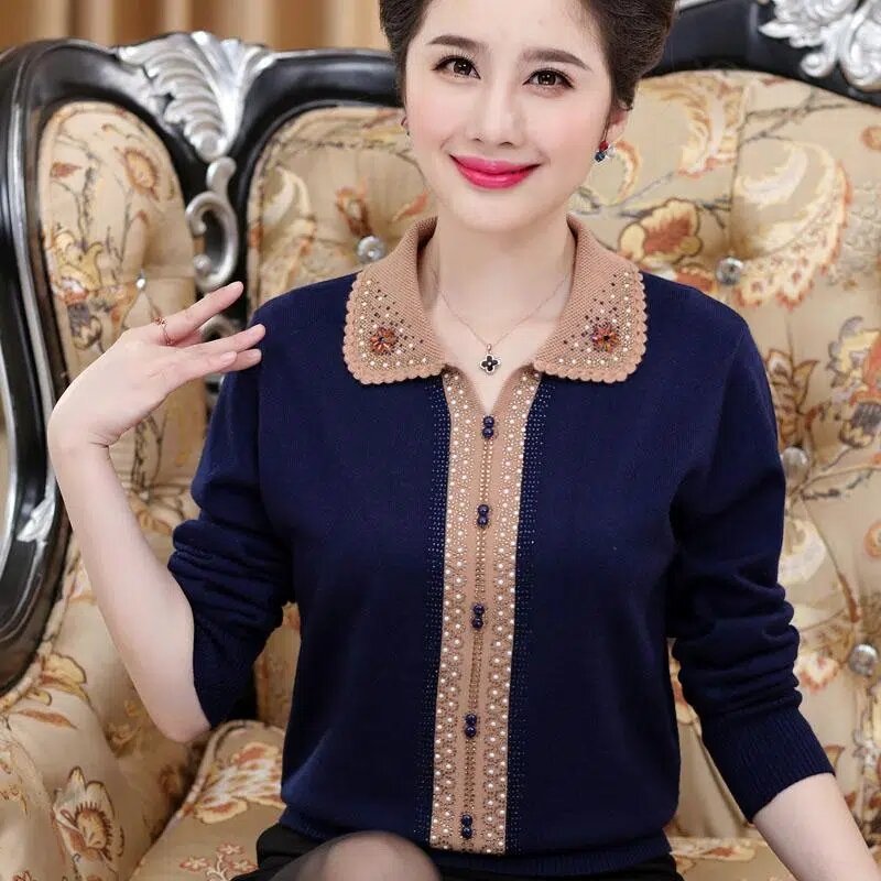 Women Sweater And Pullover  Autumn Winter New Middle-aged Female Diamond Embroidered Knitting Coat Femme Loose Tops 4XL