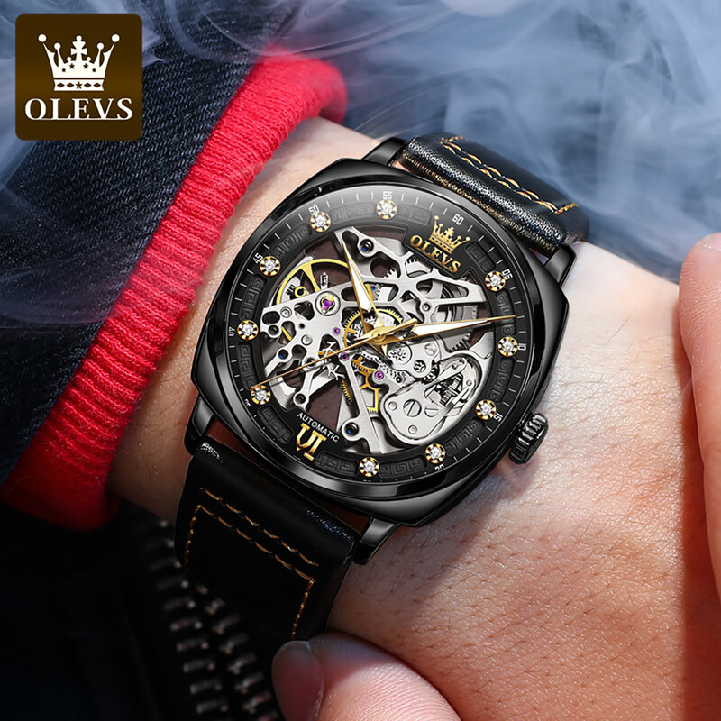 OLEVS นาฬิกาข้อมือผู้ชาย bbrand ของแท้, นาฬิกาพังค์แบบบาร์เรลสายหนังนาฬิกากลไกอัตโนมัติกันน้ำนาฬิกาข้อมือชายเรืองแสง