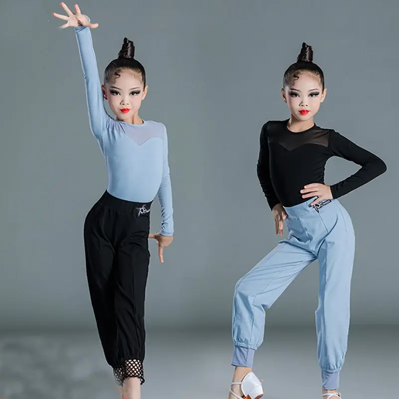Children'S Latin Dancing Clothes Girls Long Sleeve Tops Latin Trousers Practice Wear Kids Latin Dance Costume Split Suit
