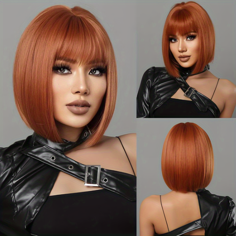 Short Ombre Bob Wigs With Bangs Straight Middle Part Wigs Synthetic Wig Heat Resistant Wigs Short Wig For Women Cosplay