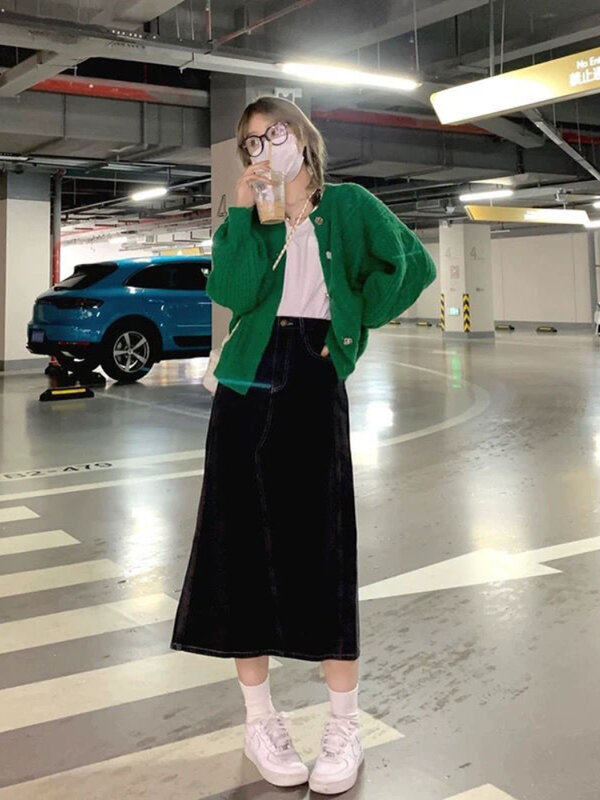 Deeptown Vintage Green Cropped Cardigan Women Harajuku Oversized Knitted Sweater Korean Casual Long Sleeve Tops 90s Streetwear