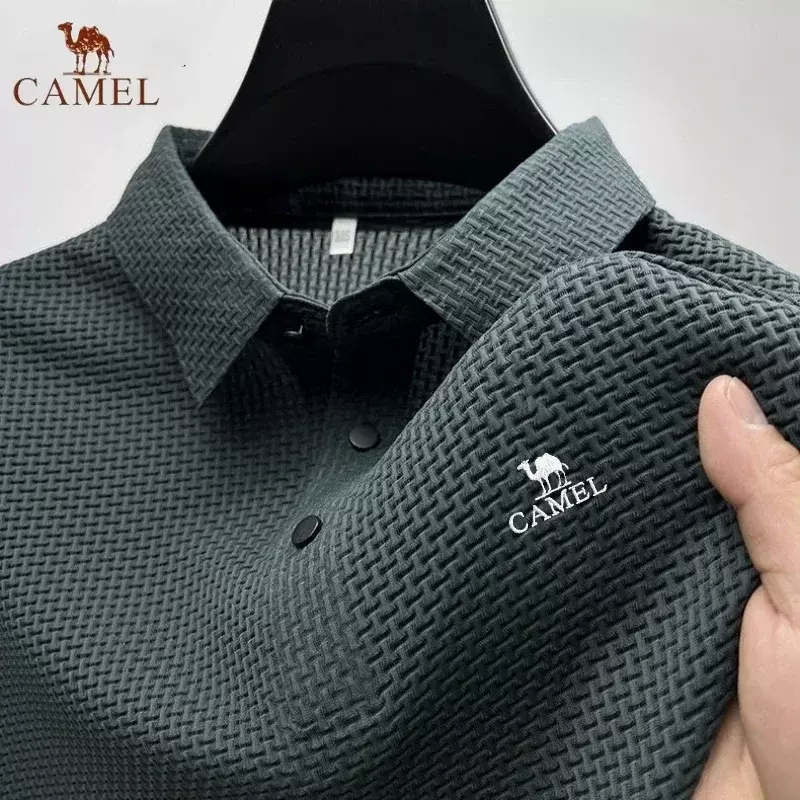 2024Embroidered CAMEL High End Ice Silk Elastic Polo Shirt New Summer T-shirt Trendy Breathable Business Short Sleeve Luxury Top