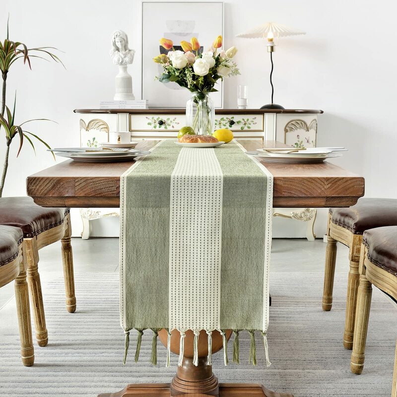 Taplak meja Linen, taplak meja Macrame Farmhouse untuk dekorasi meja makan, pernikahan, pesta dan dekorasi meja rias