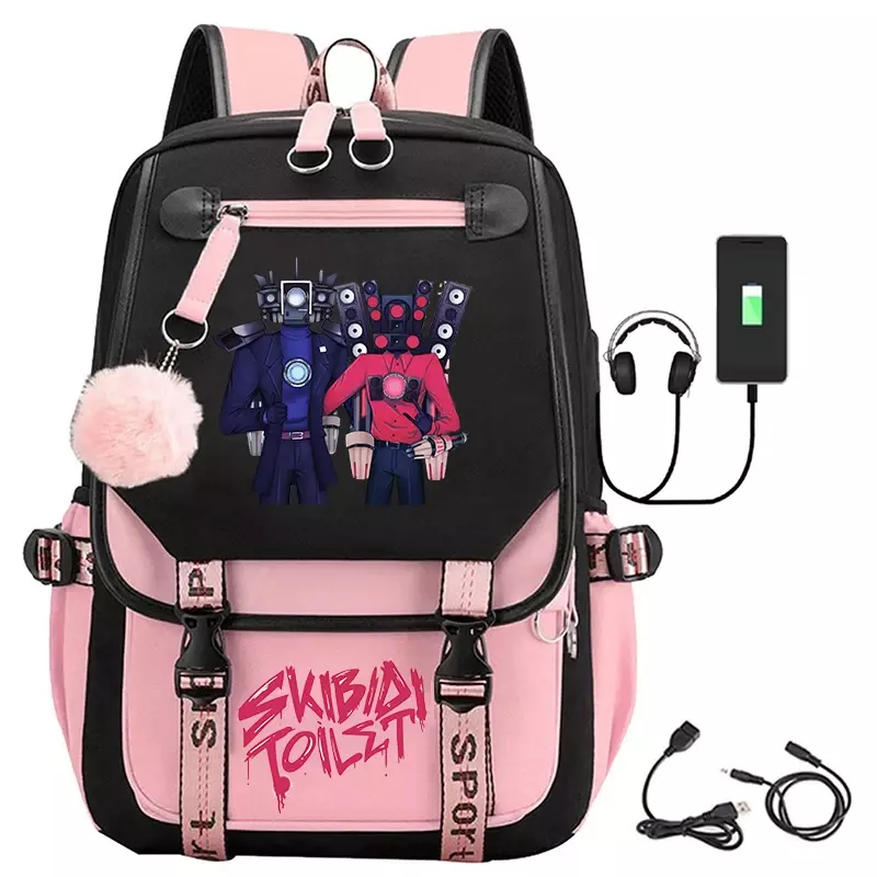 Skibidi 게임 변기 USB 배낭, 10 대 소녀 스피커맨 코스프레 가방, 학생 책가방, 여성 대용량 노트북 책가방