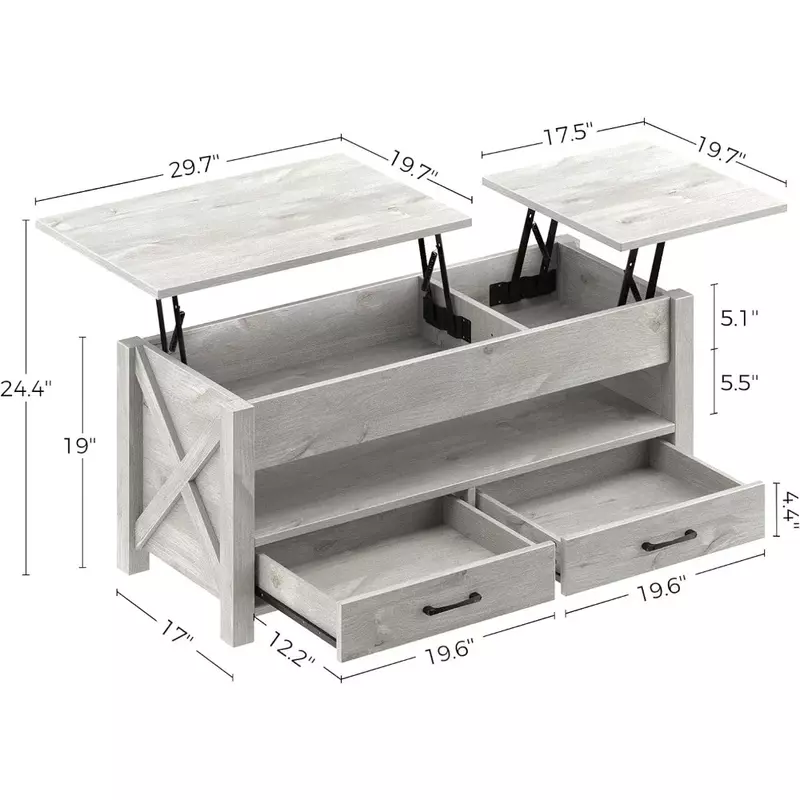 Журнальный столик с 2 ящиками для хранения и скрытым отсеком, винтажный центральный стол с деревянной приподнятой крышкой, серый