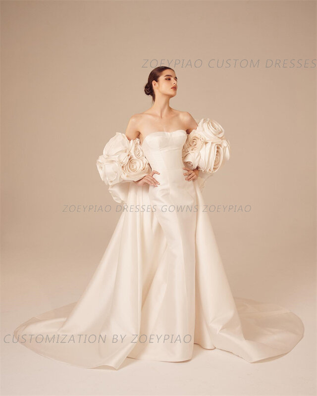 Elegante vestido de noiva marfim linha A com trem longo, vestido de noiva princesa cetim, colarinho quadrado, branco, nupcial, rainha, 2 peças, 2024