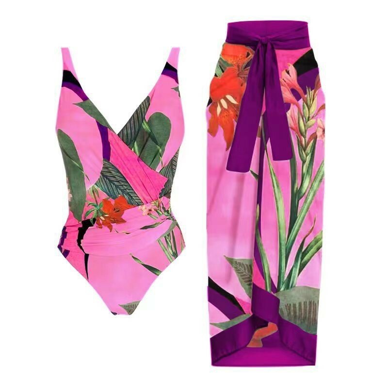 Long Skirt Swimsuit Two Piece Sexy Women's Bikini Beach Skirt Suit Summer Fashion Print Tight Wrap Chest One Piece Swimsuit Suit