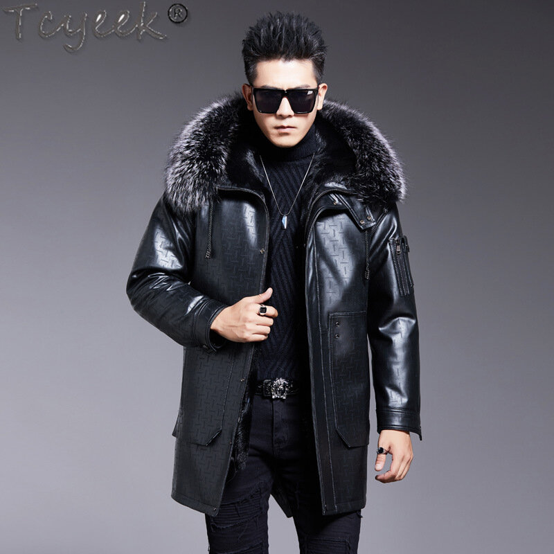 Мужская кожаная куртка средней длины Tcyeek, теплая зимняя куртка из натуральной овечьей кожи с воротником из лисьего меха и капюшоном, пальто из натурального меха