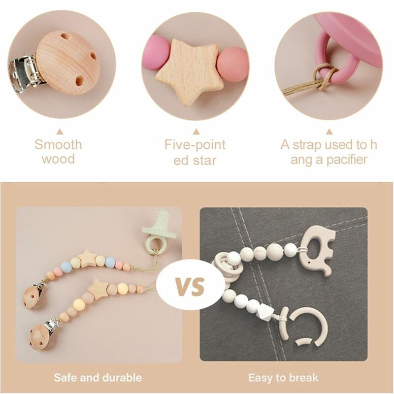Wood Pacifier Holder Clips Dummy Clips Star Baby Teether Toys Straps Nipple Holder Clips Soother Holder Baby Pacifier Chain
