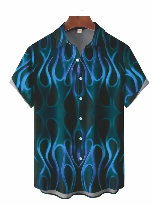 Kaus lengan pendek pria, kaus Atasan Pria cetakan api warna-warni, kemeja pantai Hawaii, baju pria kasual lapel, gaya baru 2024