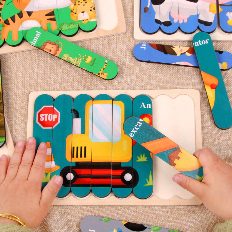 Montessori Toys Creative Double Sided Puzzles Wooden Cartoon Animal Car Dinosaur Jigsaw Learning Educational Toys For Children