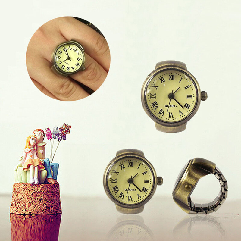 Vintage punk dedo relógio mini cinta elástica liga relógios casal anéis jóias relógio retro romano quartzo anel feminino meninas