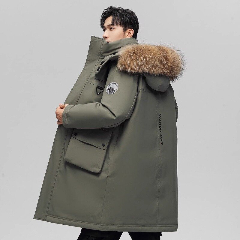 남성용 퍼 칼라 중간 길이 파카 코트, 두꺼운 따뜻한 다운 재킷, 야외 레저, 올매치 미국 작업복, 2023 겨울 신상
