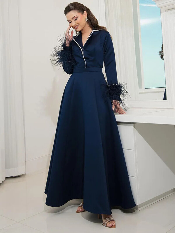 Женское платье с длинным рукавом, темно-синее платье для выпускного вечера, официальное платье до щиколотки с перьями для торжественных мероприятий, выпускного вечера