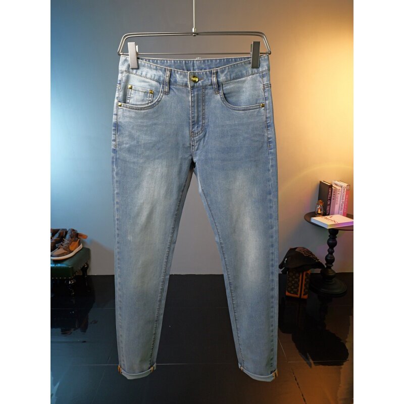 Jeans Slim Fit pour hommes, bleu clair, mince, léger, polyvalent, haut de gamme, à la mode, simple, décontracté, été, luxe