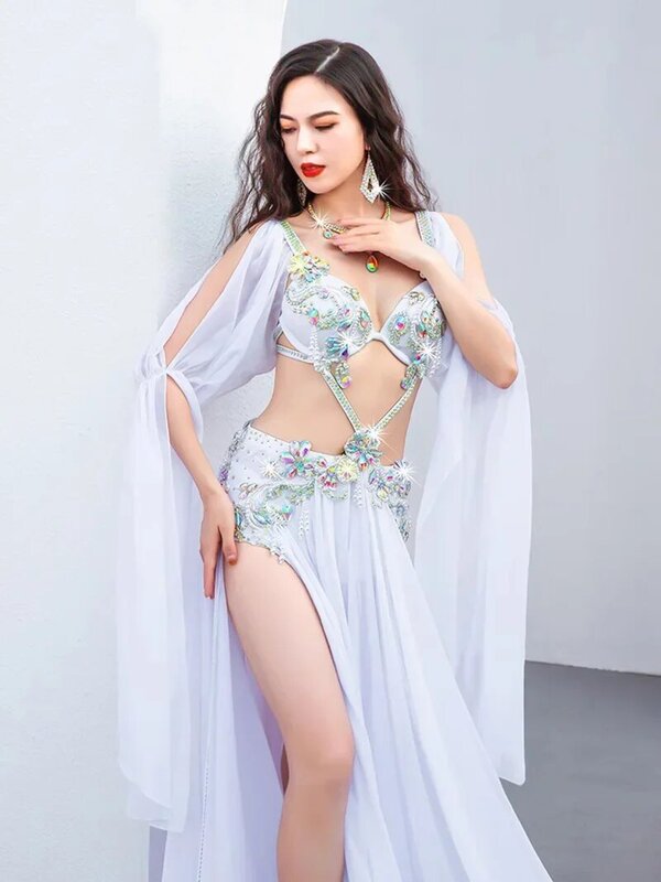 Women's Belly Dance Costume Adult Sexy Mesh Flowing Performance Bra Skirt Suit Popsong Opening Dancewear Competition Clothing