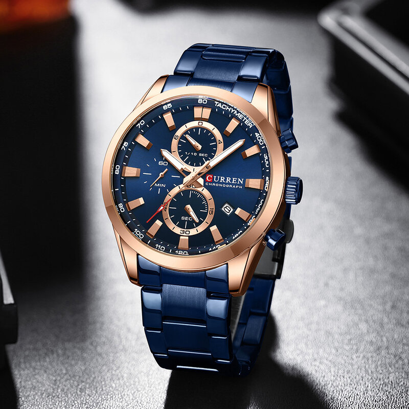 Mode Quartz Chronograaf Curren Sport Waterdicht Roestvrij Staal Armband Horloge Mannen Business Multifunctionele Wijzerplaat Date Man Horloge