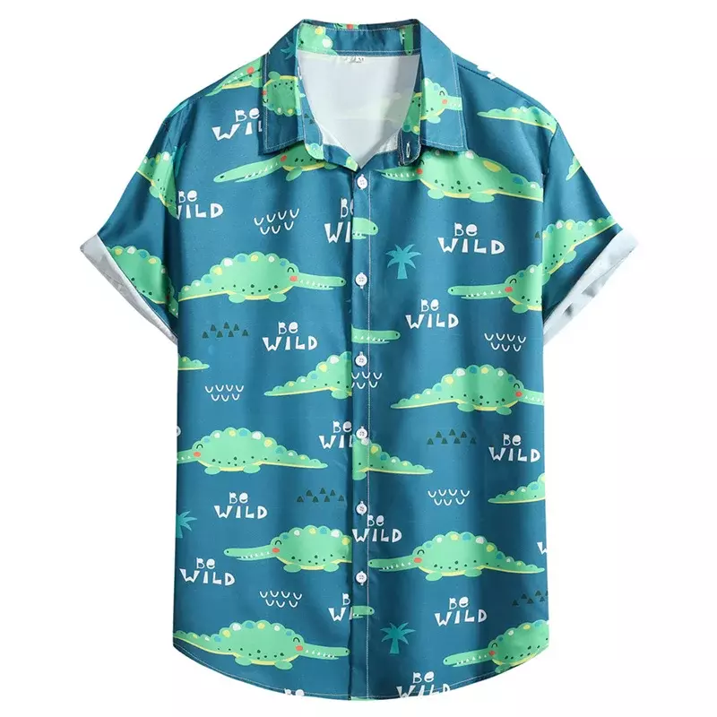 Camisa hawaiana con estampado 3d de dinosaurio de dibujos animados para hombre, Tops de manga corta de gran tamaño, ropa de vacaciones en la playa, blusa de solapa con botones