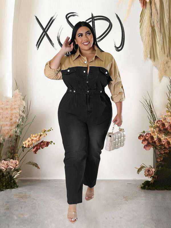 Luźny kostium sportowy kobieta Plus rozmiar kombinezon dresowy z długim rękawem bawełniany Patchwork jeansowy jednoczęściowy kombinezon Drop Shipping sprzedaż hurtowa