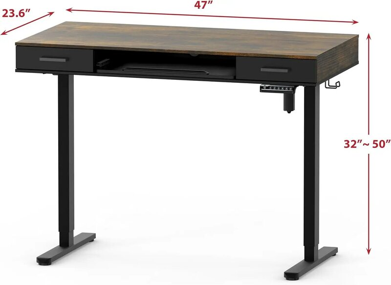 48-дюймовый электрический стол с регулируемой высотой, с лотком для клавиатуры и двумя выдвижными ящиками