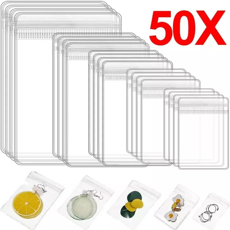 10/50 buah transparan PVC Organizer perhiasan tas kantong anti-oksidasi anting liontin kalung gelang penyimpanan kotak pemegang