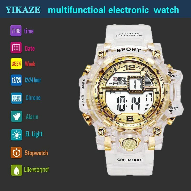 Yikaze-メンズ防水デジタル時計、アウトドアスポーツリストウォッチ、透明ストラップ、ミリタリークロノグラフ、LEDディスプレイ、腕時計