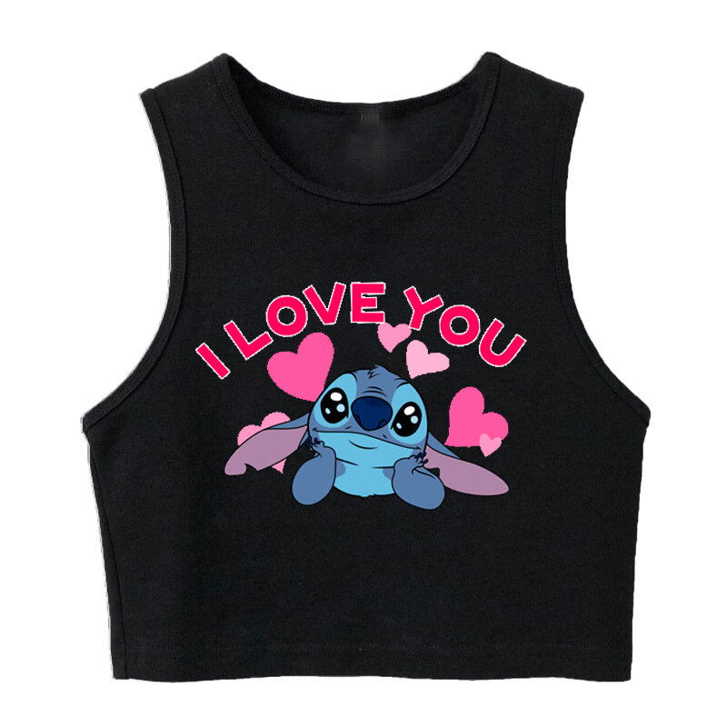 Mode 90s rompi Disney Lilo Stitch Tank Top Lucu T Shirt wanita Stitch kaus grafis Tshirt Streetwear atasan Crop wanita