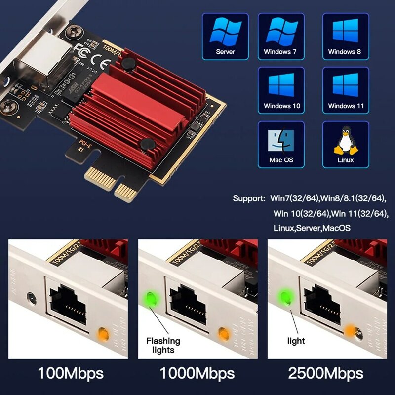 Adaptador LAN Gigabit RJ45 de 2500Mbps, PCI-E, RTL8125B, tarjeta de red Express, Ethernet o Win7/8/10/11/Linux para PC