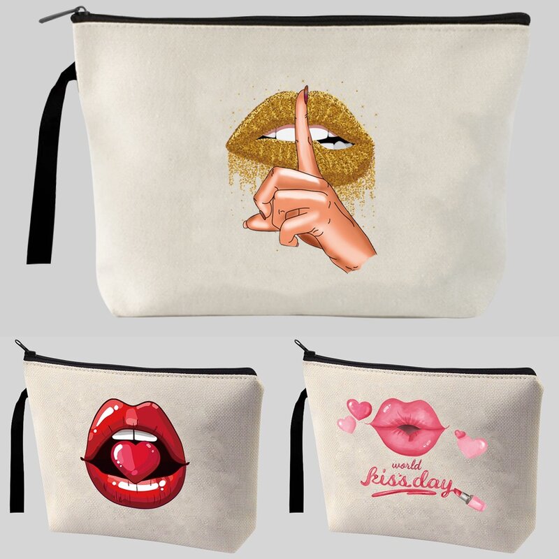Kobieta usta drukuj kosmetyczka płótno torebki na makijaż moda dziewczyny Case przenośna szminka przechowywanie na podróż Zipper torebka ze schowkiem