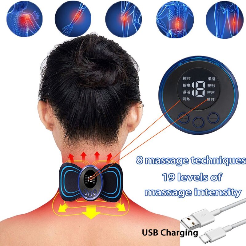 Masajeador eléctrico de pulso para cuello, herramienta de alivio del dolor muscular de espalda Cervical, hombro, pierna, cuerpo, Mini masaje, cojín de relajación, 8 modos, 19 engranajes