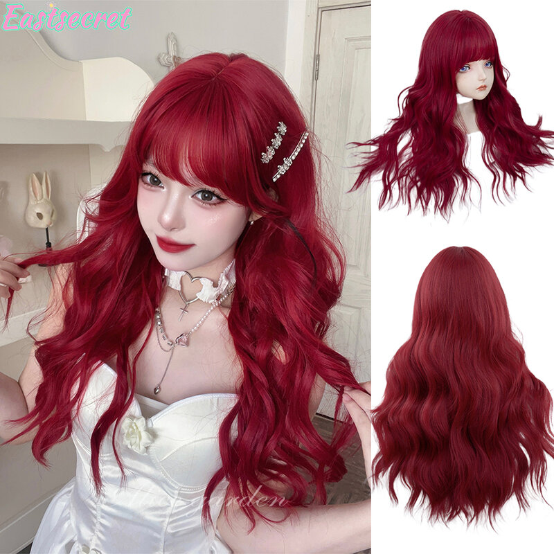 Long Body Wave Wig with Bangs Burgundy Wine Red Colorful Party Wig for Women Natural Daily Cosplay Synthetic Hair Heat Resistant