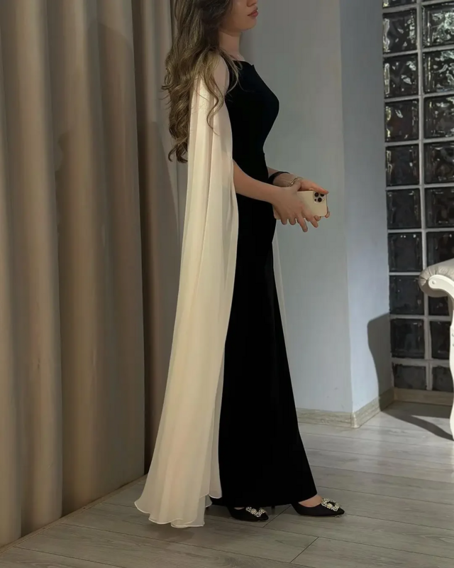 Saudi Arabia Prom Dress Black Vestid Long Sleeves Evening Dresses Women Party Contrast Color Wedding Guest Dress