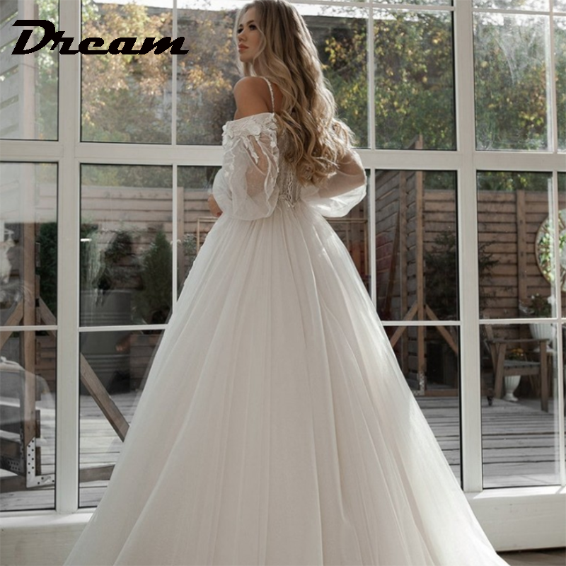 DREAM-vestido de renda sem ombro, vestidos de casamento, manga longa, flores 3D, vestido de noiva boho, tule, Novia, 2024