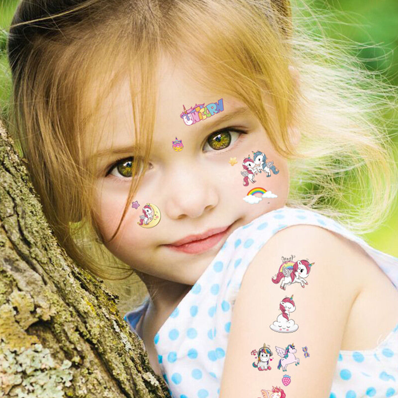 Confezione da 12 adesivi per tatuaggi finti tatuaggi temporanei per cartoni animati braccia per bambini collezione di cartoni animati per il corpo fai da te sirena unicorno farfalla principessa
