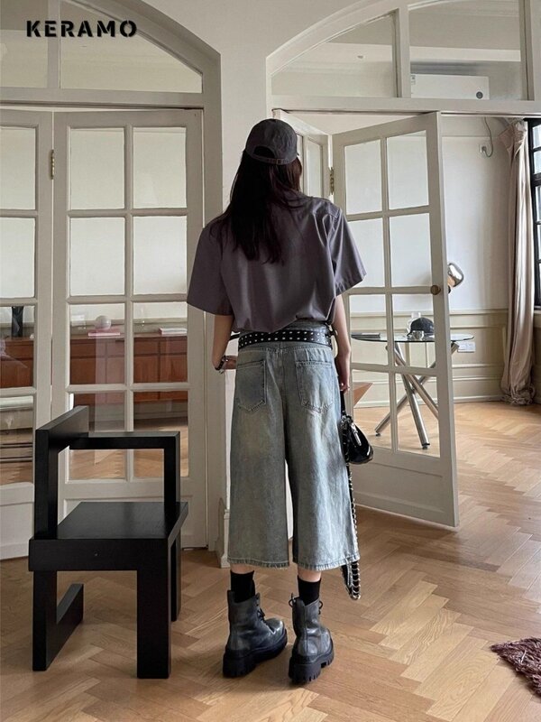 Pantalones cortos holgados de pierna ancha para mujer, Vaqueros rasgados de estilo Vintage Harajuku Y2K, color azul, primavera 2024