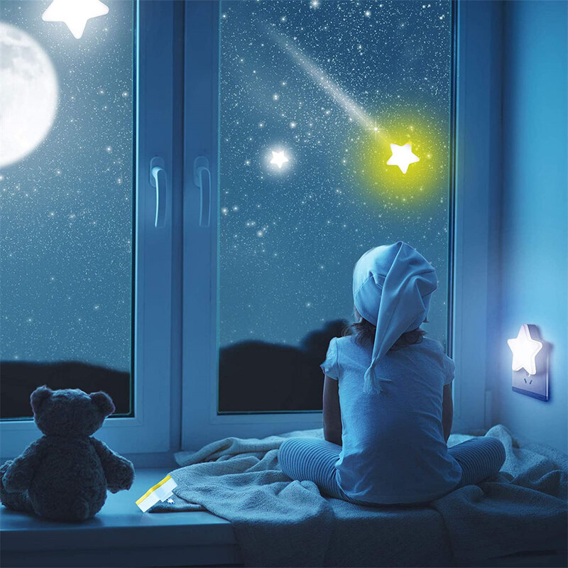 귀여운 별 LED 야간 조명, 플러그인 지능형 조명 제어, 에너지 절약 침대 옆 램프, 어린이 침실 복도 계단 장식